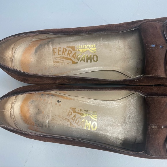 Salvatore Ferragamo Vintage Brown Suede Women’s Loafer Heel Fringe Bow Size 9 - Picture 10 of 16
